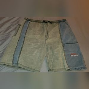 Green and blue shorts with pockets.